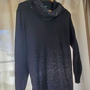 Cable and gauge cowl neck sweater with beading